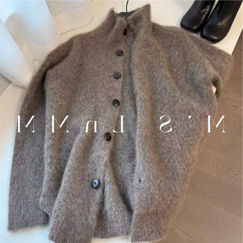 牛X货 巨炸裂！老钱风咖色羊毛立领毛衣女冬新款慵懒软糯针织开衫