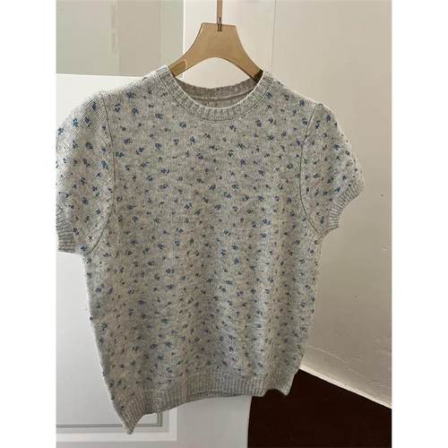 灰色提花针织短袖t恤女夏2025独特超好看单穿设计感chic韩系上衣