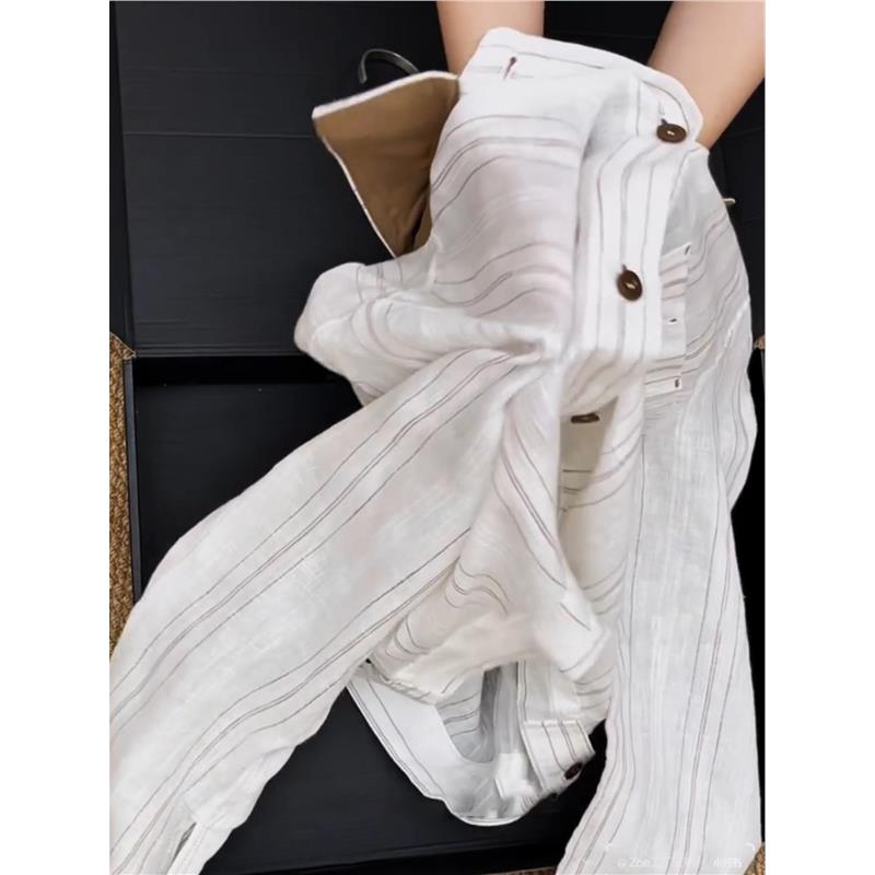 今年流行白色条纹亚麻衬衫外套女秋季新款气质时尚高级感翻领上衣