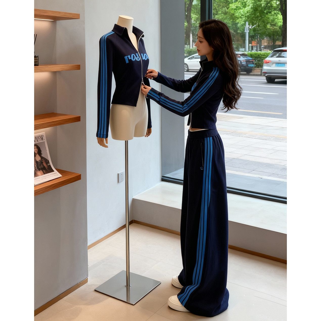 2025早秋一整套ootd穿搭高级感藏蓝色双 头拉链上衣直筒长裤套装
