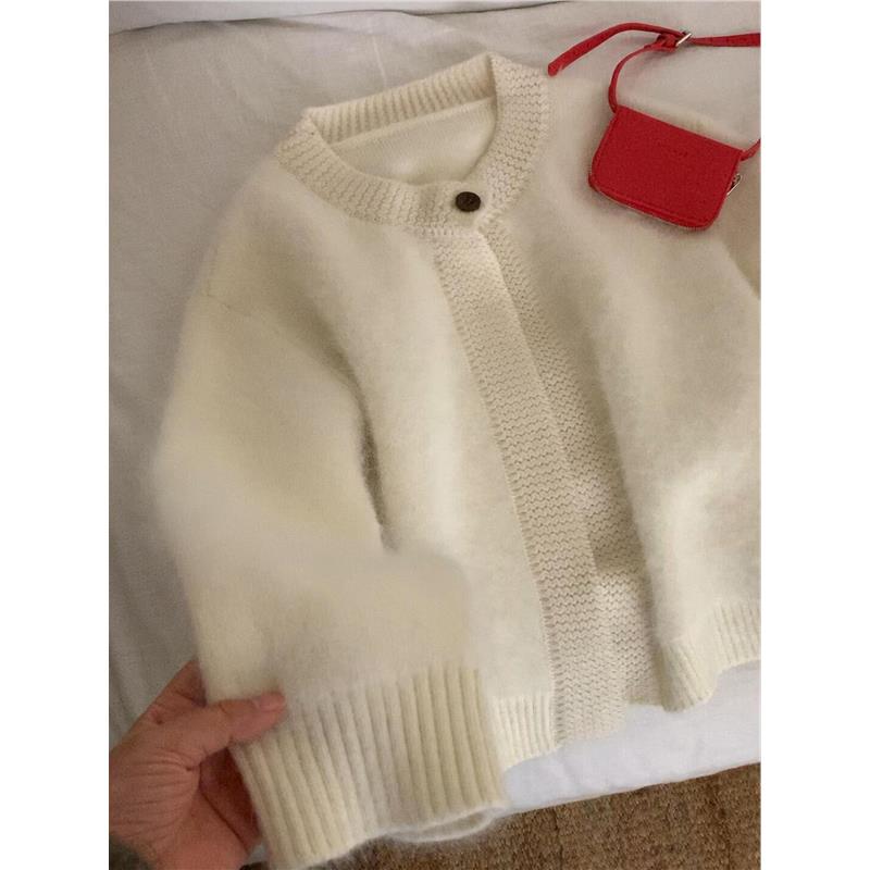 挚爱！白色羊绒拉绒毛衣外套女冬季新款慵懒厚实保暖针织开衫