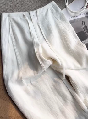 CHAO级推荐！白色亚麻抽绳直筒裤女夏季松弛感显瘦百搭休闲直筒裤