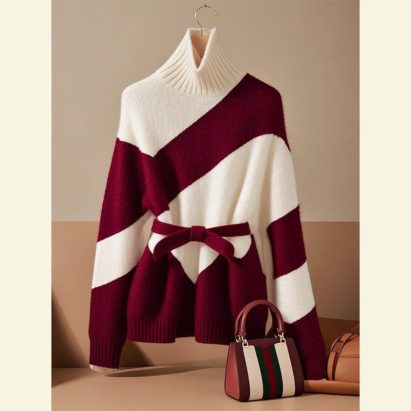日系复古宽松软糯针织衫温柔慵懒风红色拼接高领毛衣打底衫女冬季