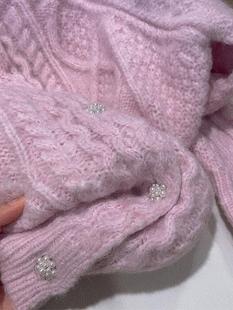 品牌专柜折扣女装 外贸清仓 粉紫色浣熊绒毛衣小众粗麻花针织开衫