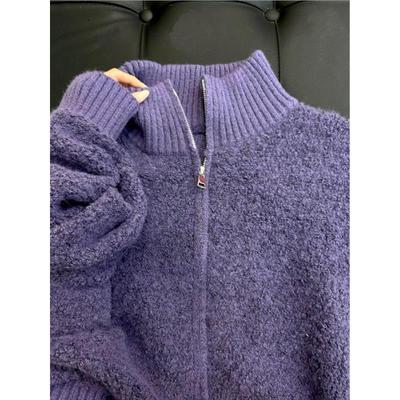 挚爱！深紫色双拉链毛衣外套女冬季新款加厚保暖立领针织开衫