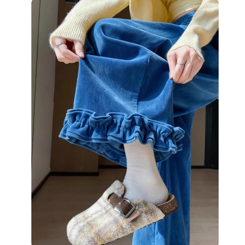 蓝色木耳花边灯芯绒裤子韩系慵懒风宽松阔腿裤2025新款冬季厚棉裤