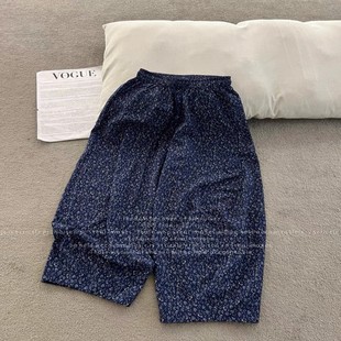 松紧腰抽绳显瘦阔腿哈伦裤 牛X货 女夏季 藏蓝小碎花休闲裤 巨炸裂