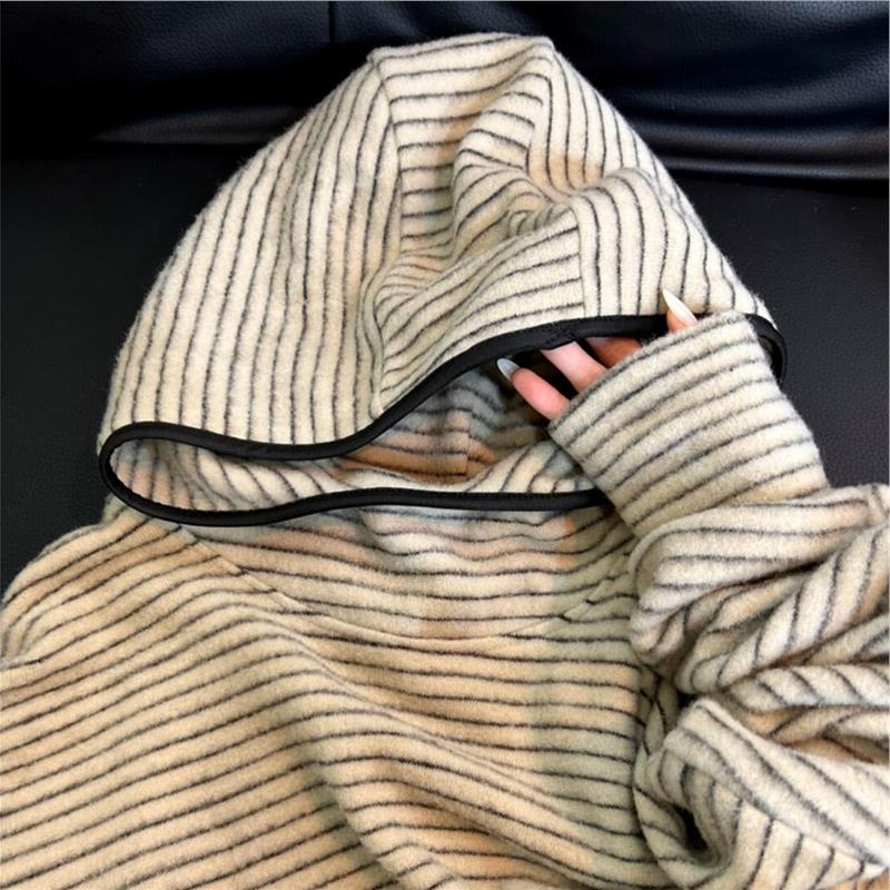 原物！韩系冬季米色条纹兔毛绒加厚保暖慵懒风半高领连帽卫衣