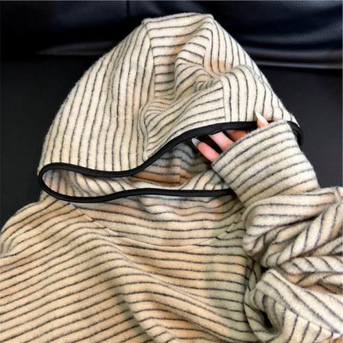 原物！韩系冬季米色条纹兔毛绒加厚保暖慵懒风半高领连帽卫衣