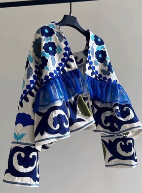 渠道货！闭眼入，2025新款欧货时尚小众度假风蓝色印花开衫外套女