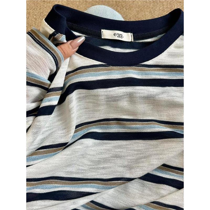 小众R单，好穿到飞起！松弛冰丝亚麻条纹防晒罩衫设计感时尚T恤女