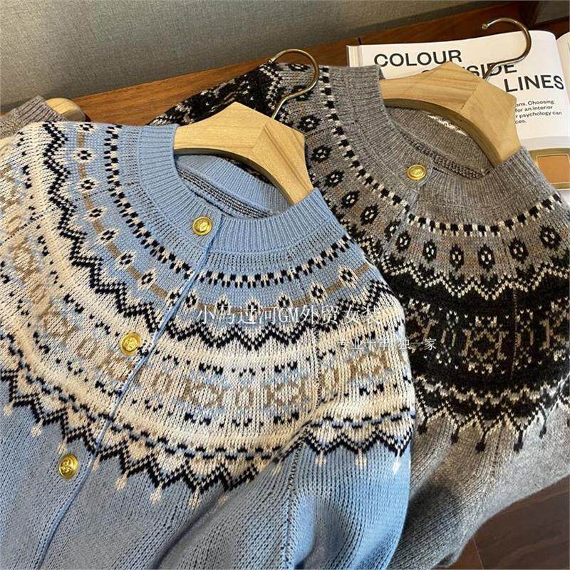 怒推！！浓浓北欧气息~复古费尔岛提花插肩袖针织马甲背心开衫女