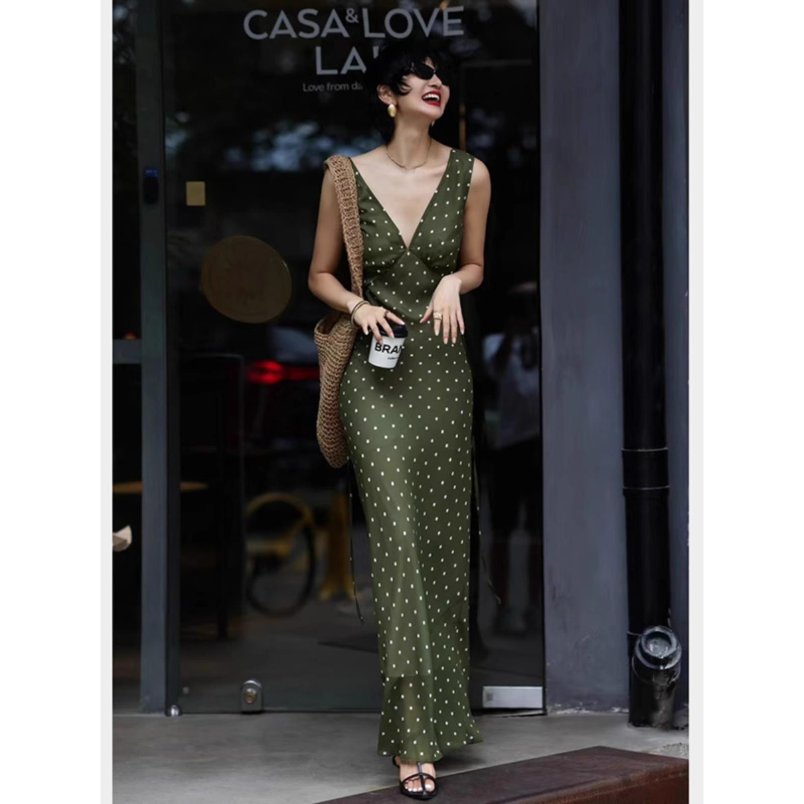 自留!!上身仙气十足~绿色波点连衣裙女新款法式复古收腰长裙夏