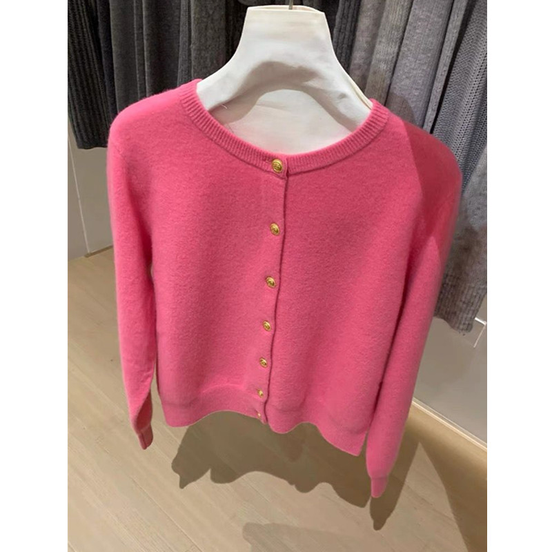 欧货高端树莓粉色小金扣针织开衫上衣秋冬季濮院软糯慵懒毛衣外套