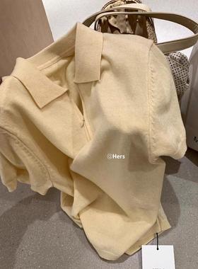 CHAO级推荐！欧货Polo领拉链针织衫正肩修身显瘦奶黄色上衣女夏季