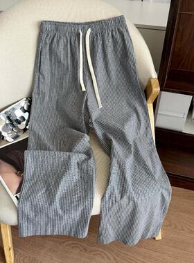 CHAO级！太舒服了~灰色条纹棉麻裤小个子薄款抽绳休闲长裤夏季