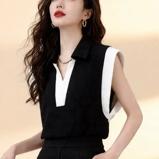 2026夏季新款翻领假两件无袖上衣女黑白撞色小众设计感洋气T恤