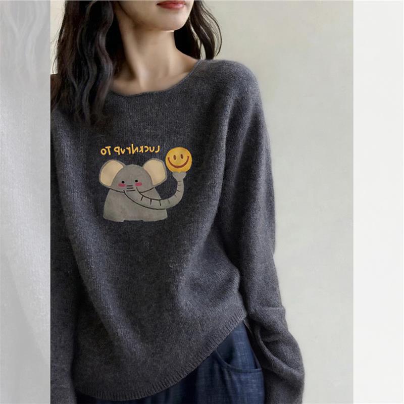 深灰色圆领套头动物卡通针织衫毛衣女款2025新款巨好看的早秋上衣