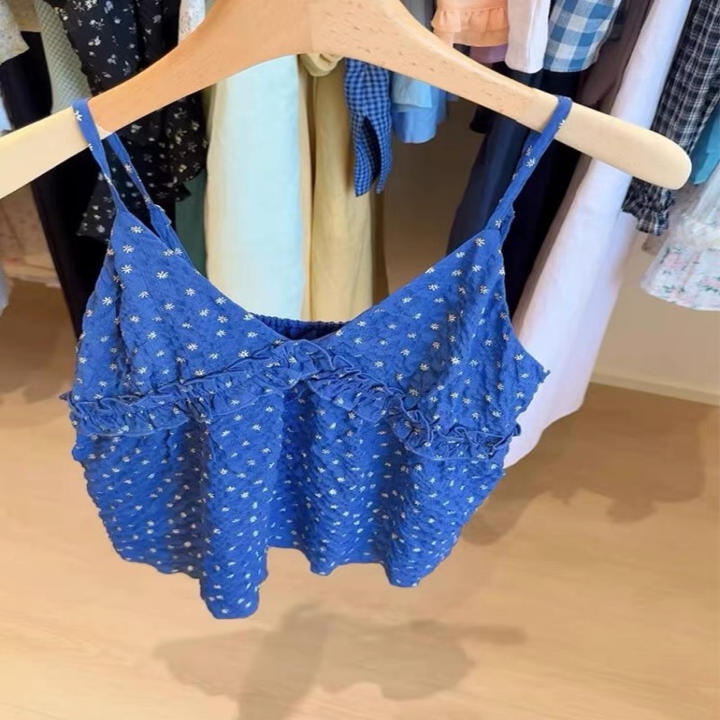 怒推！外贸单品质，蓝色碎花吊带背心女夏季慵懒宽松显瘦V领上衣