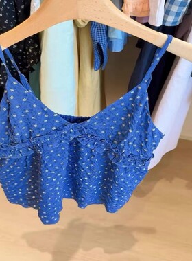 怒推！外贸单品质，蓝色碎花吊带背心女夏季慵懒宽松显瘦V领上衣