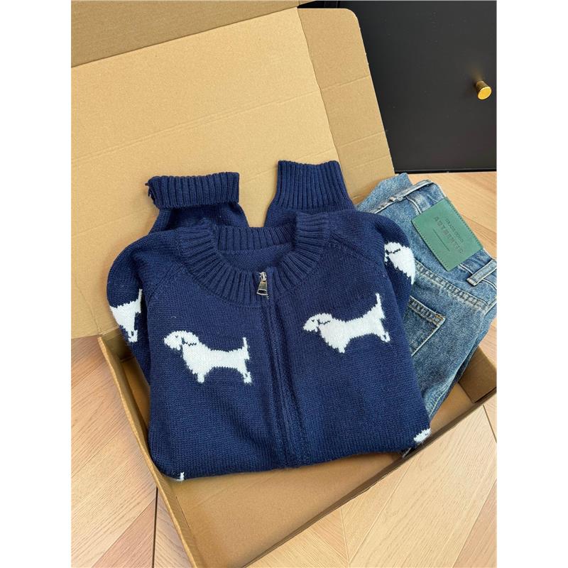 牛X货 巨炸裂！藏青色小狗刺绣双拉链羊绒毛衣外套女软糯针织开衫