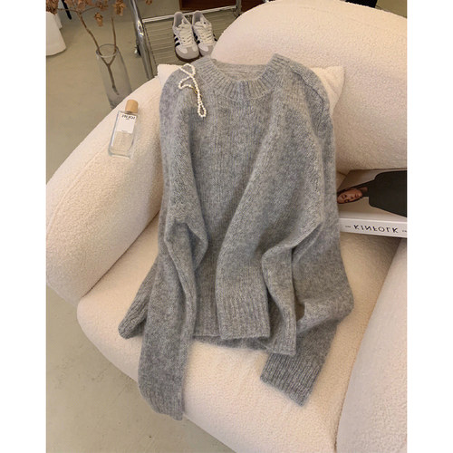 品牌专柜折扣女装外贸原单清仓慵懒风高级感软糯漂亮灰色圆领毛衣