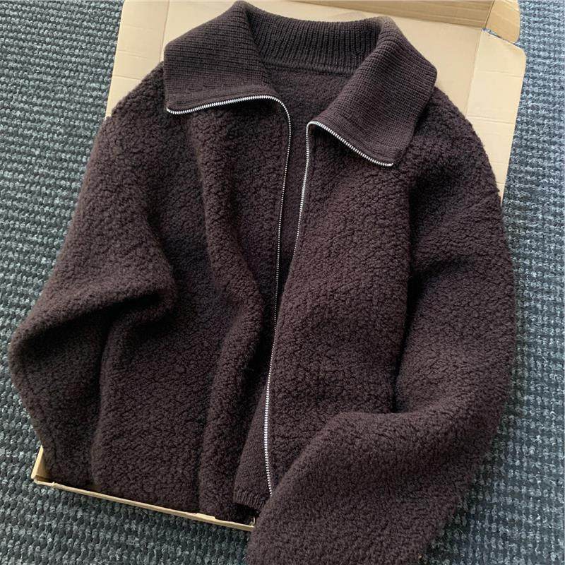 CHAO级！棕色翻领羊羔绒毛衣外套女秋冬季老钱风慵懒针织开衫