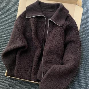 老钱风慵懒针织开衫 CHAO级 棕色翻领羊羔绒毛衣外套女秋冬季