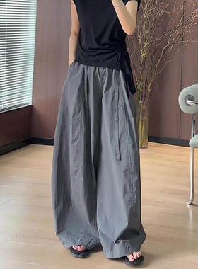美式慵懒松弛感灰色裤子女夏薄款2026新款高腰垂感宽松弯刀阔腿裤