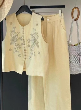 CHAO级推荐！小香风独特漂亮黄色刺绣马甲休闲裤超好看两件套装女