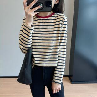 美式 牛X货 巨炸裂 墙裂 T恤女秋 复古慵懒撞色休闲上衣条纹长袖