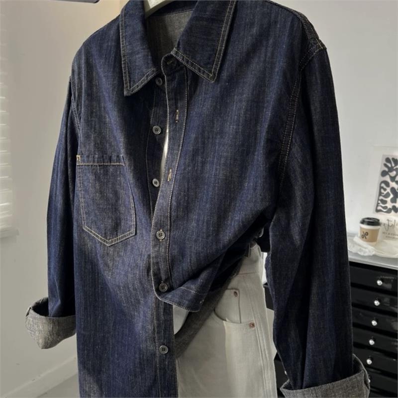 韩版复古洋气深蓝色翻领长袖牛仔衬衫女宽松慵懒上衣春秋新款学生