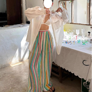 怒推！多巴胺彩虹条纹拖地山本裤女慵懒风海边度假亚麻阔腿裤子