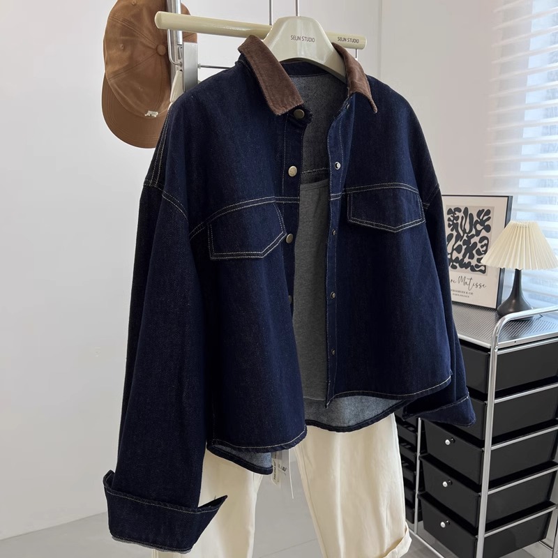 牛X货 巨炸裂！复古深蓝色翻领牛仔外套女宽松百搭工装夹克上衣