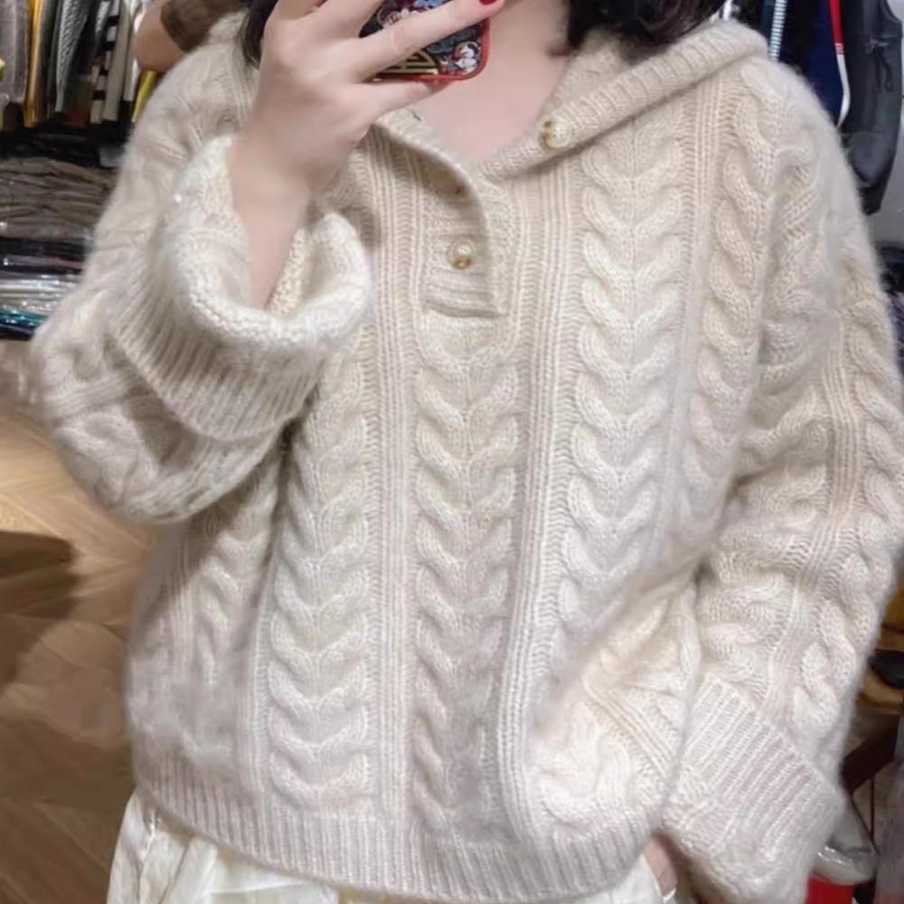 麻花加厚连帽毛衣外套慵懒风宽松