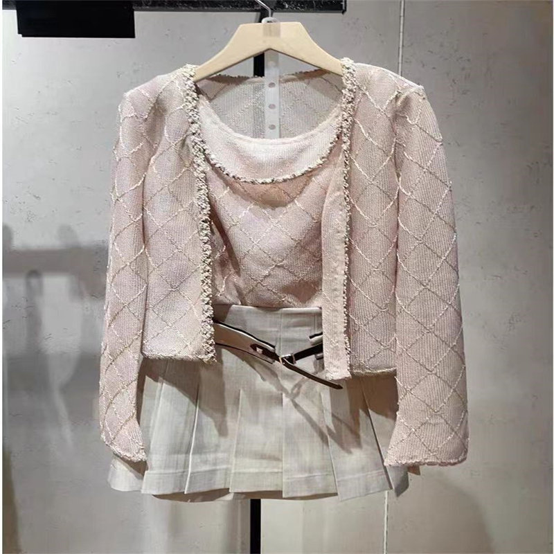 高品质推荐！外贸单，法式气质小香风粉色针织衫+吊带两件套装女