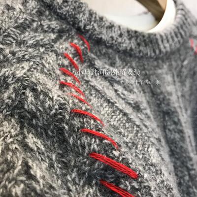 怒推！墙裂推荐，Fab*riq*ue复古绞花红线撞色宽松圆领套头毛衣女