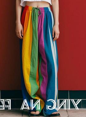 多巴胺彩虹条纹潮流阔腿裤女2024新款夏款梨形身材气质时尚长裤子