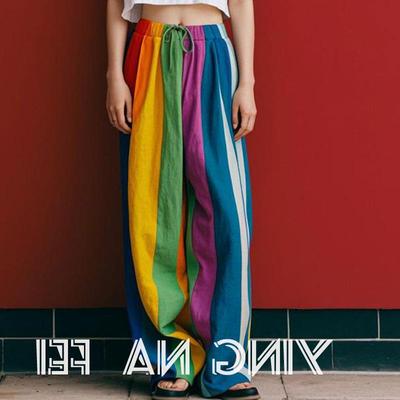 多巴胺彩虹条纹潮流阔腿裤女2024新款夏款梨形身材气质时尚长裤子