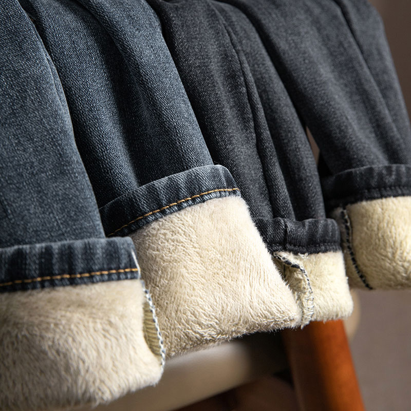 品牌折扣专柜高端女装外贸清仓加绒巨暖牛仔裤小脚长裤子