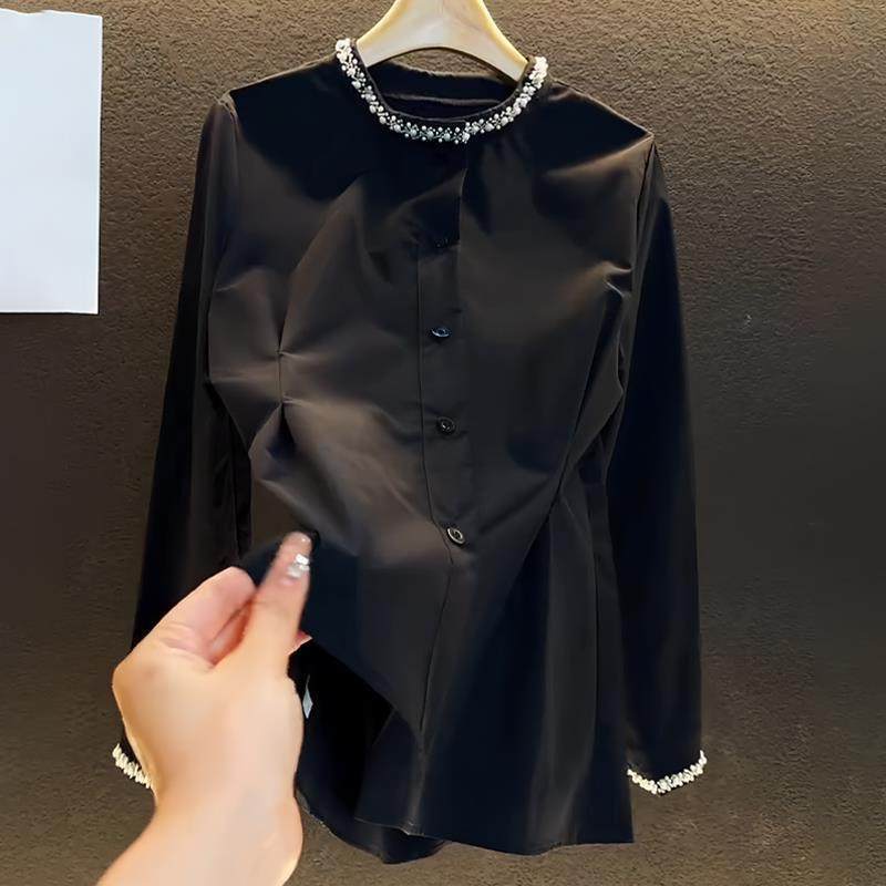 超好看设计感黑色上衣女2025年秋季新款镶钻百搭时尚高级长袖衬衫