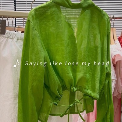 被惊艳到了！绿色天丝亚麻衬衫女夏季2024新薄款后摆镂空抽绳上衣