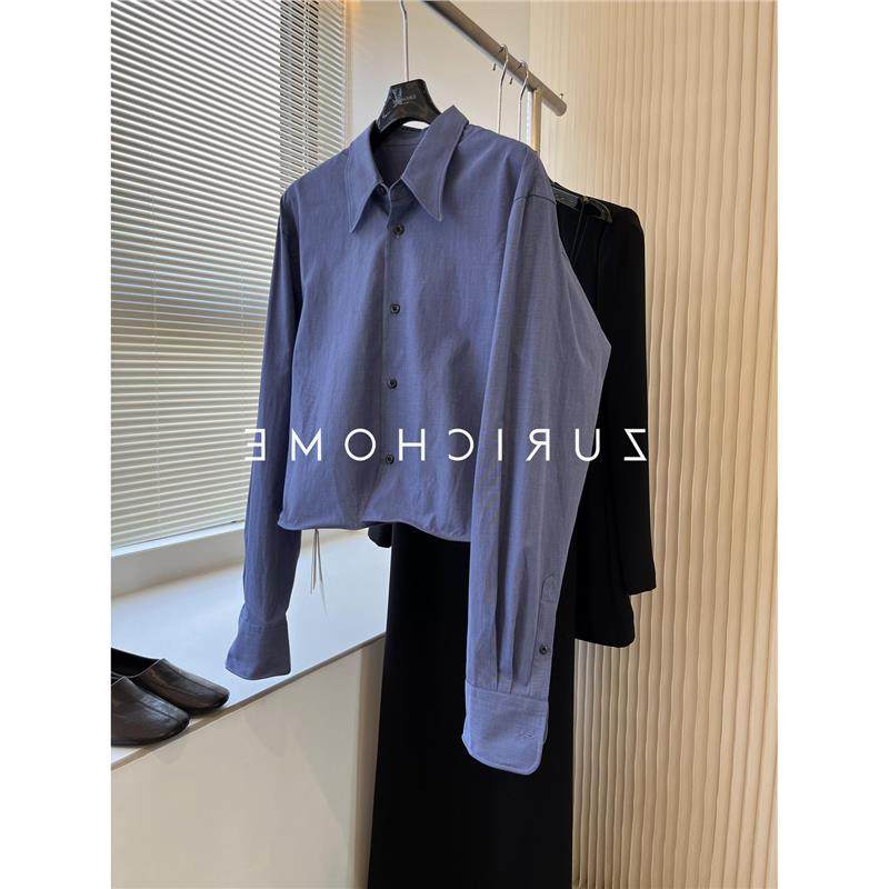 趣味MIU系穿搭 铝丝下摆自由造型蓝色小短款长袖衬衫