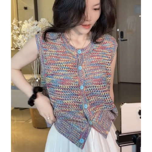 法式彩色镂空无袖背心女夏天宽松别致小衫设计感针织马甲显瘦上衣