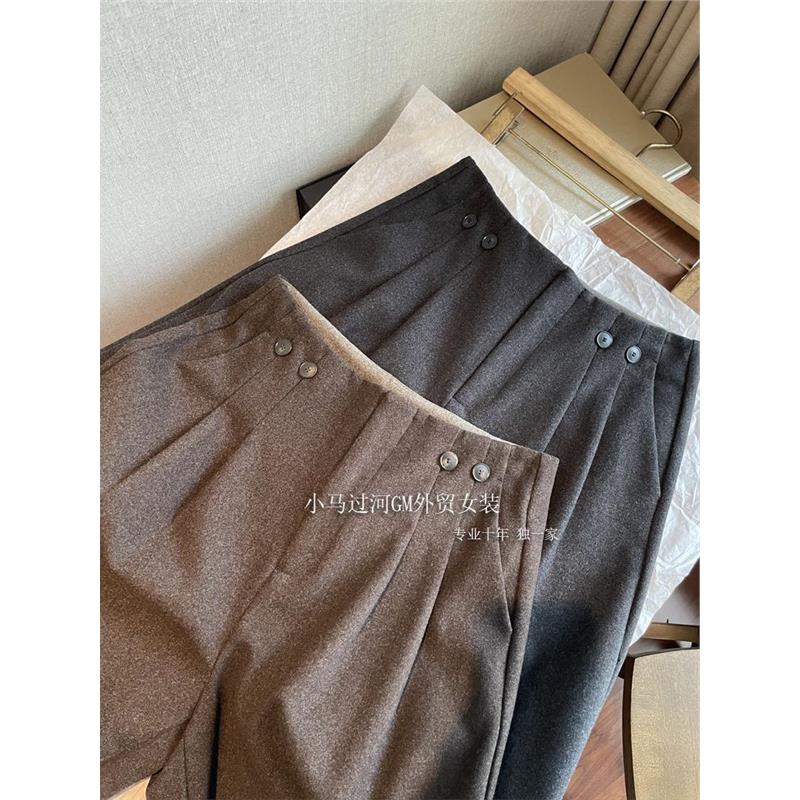 巨好穿！实现柔中带骨~利落通勤高腰纽扣收腰直筒阔腿休闲羊毛裤