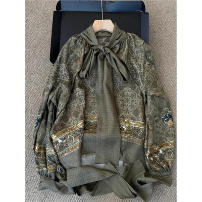 高端小资法式上衣新款今年绿色印花系带衬衫女高级感轻奢减龄洋气