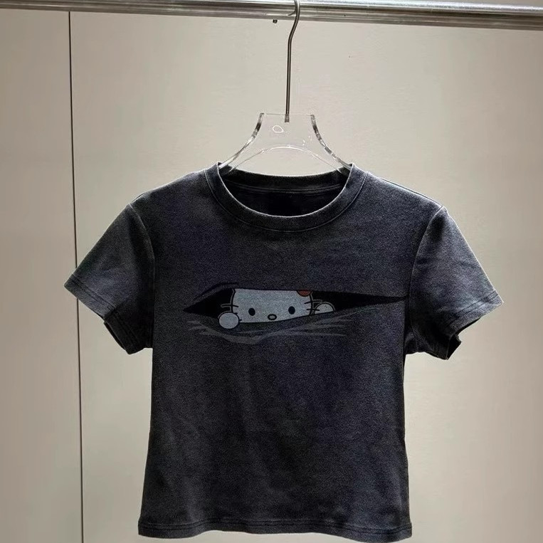 欧货25春夏新款甜酷卡通猫咪印花复古做旧短袖T恤女显瘦小版上衣