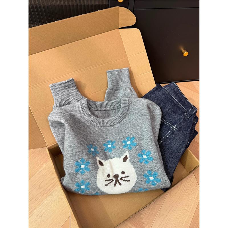 牛X货 巨炸裂！灰色小猫提花刺绣羊绒毛衣女超好看软糯套头针织衫