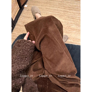 美拉德阔腿裤 高级感时尚 子 女秋冬新款 棕色复古灯芯绒直筒休闲裤