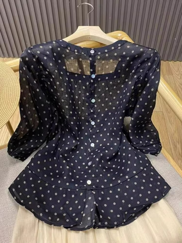 法式波点慵懒风衬衫女中袖2024年洋气时尚高级感上衣微透减龄衬衣